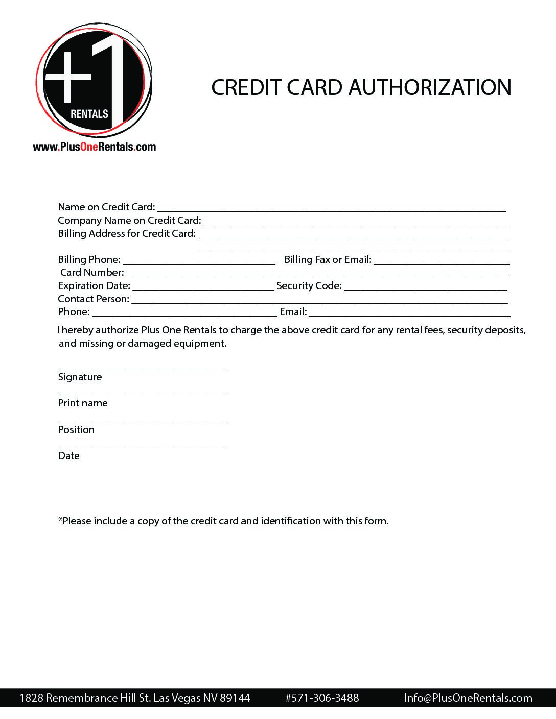 Plus One Rentals - Credit Card Authorization Form - Plus One Rentals, image size:1088x1408