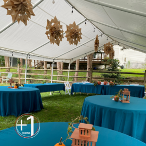 An outdoor wedding setup for a reception. There are tables with linens under a tent with decoration. The tables are decorated with centerpieces. 